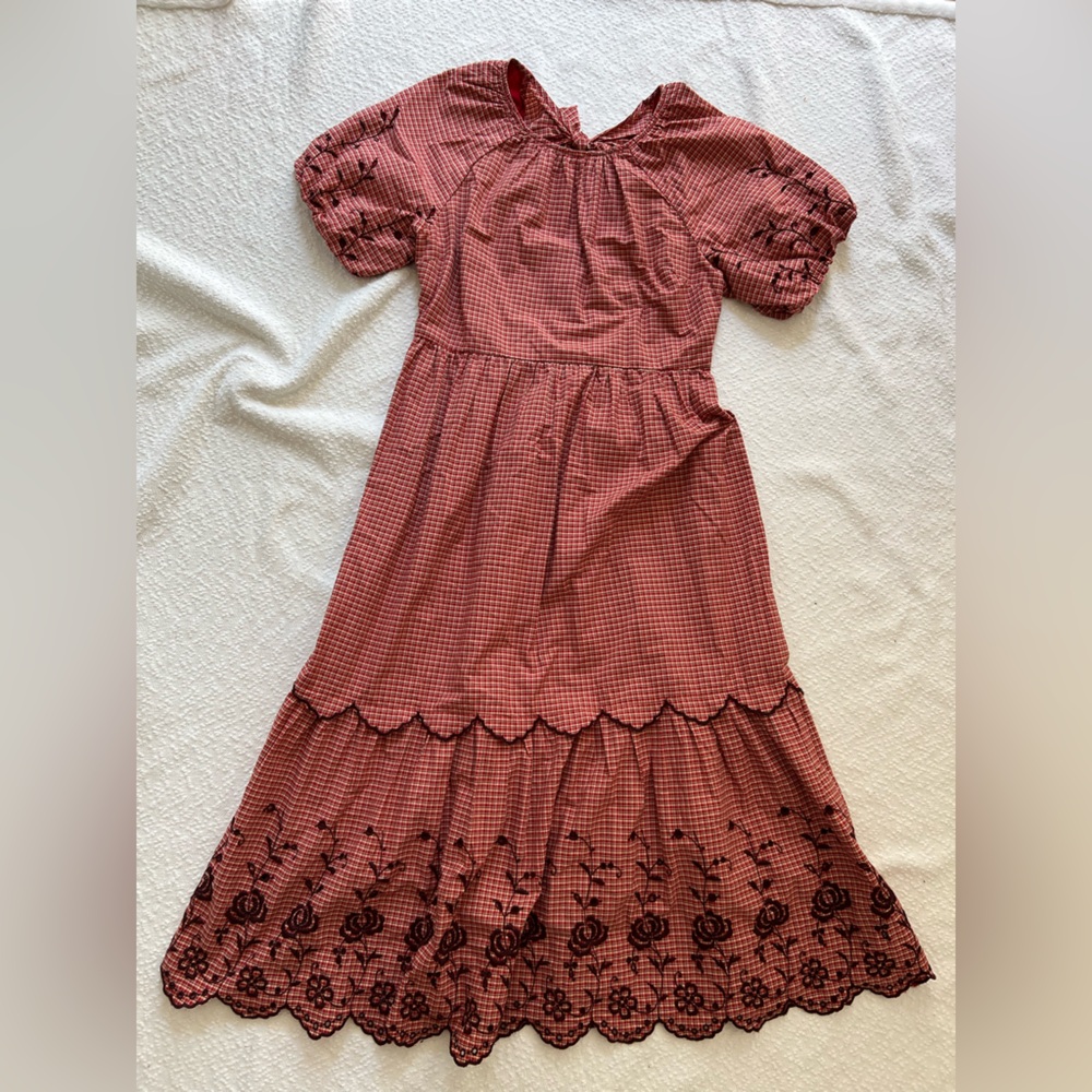 NWT Madewell Embroidered‎ Gingham Tiered Midi Dress Dried Cedar Size 12